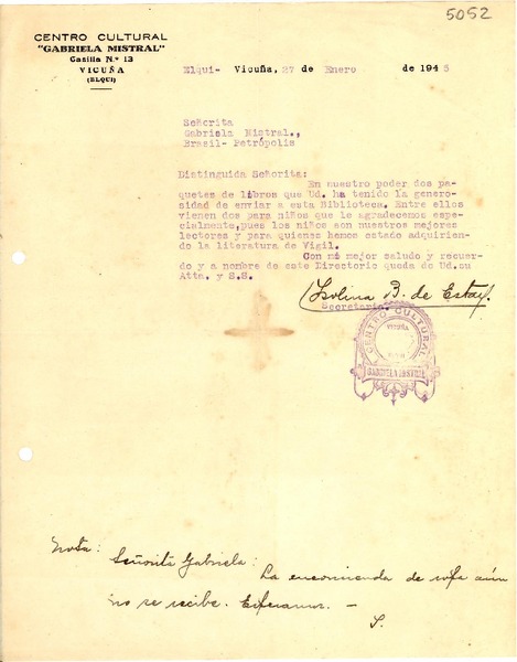 [Carta] 1945 ene. 27, Elqui, Vicuña, [Chile] [a] Gabriela Mistral, Petrópolis, Brasil