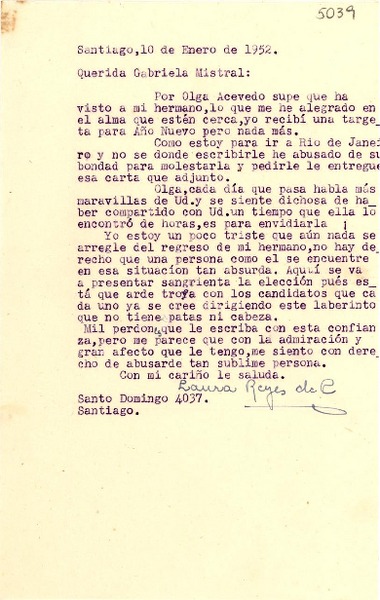 [Carta] 1952 ene. 10, Santiago [a] Gabriela Mistral
