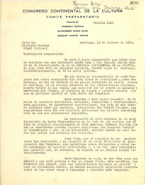 [Carta] 1953 feb. 13, Santiago [a] Gabriela Mistral, Miami, U.S.A.