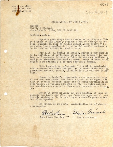 [Carta] 1943 jul. 29, México D. F. [a] Gabriela Mistral, Río de Janeiro