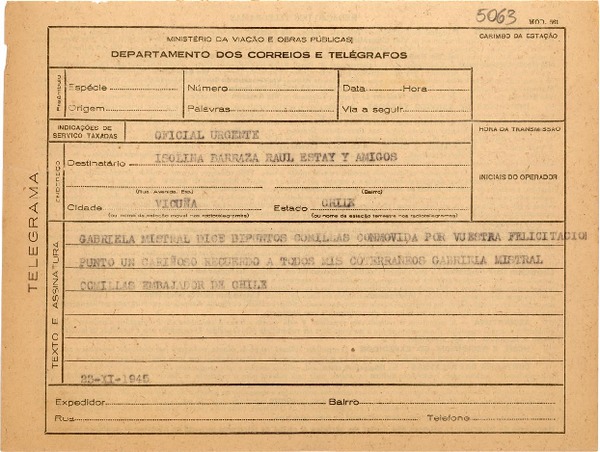 [Telegrama] 1945 nov. 23, [Petrópolis, Brasil] [a] Isolina Barraza, Raúl Estay y amigos