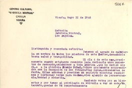 [Carta] 1946 mayo 31, Vicuña, Chile [a] Gabriela Mistral, Los Ángeles