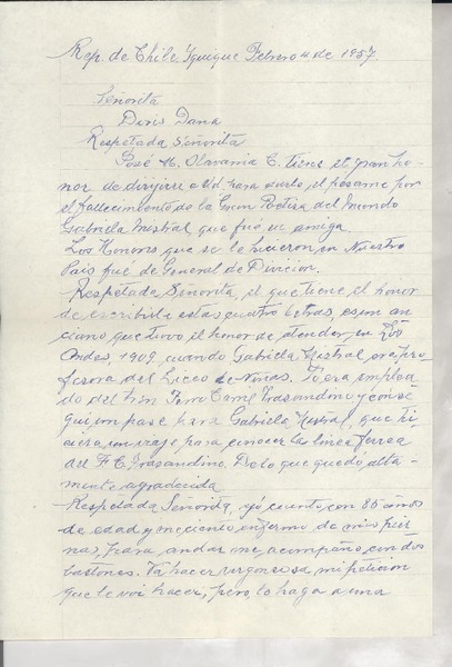 [Carta] 1957 feb. 4, Iquique, Chile [a] Doris Dana, Nueva York