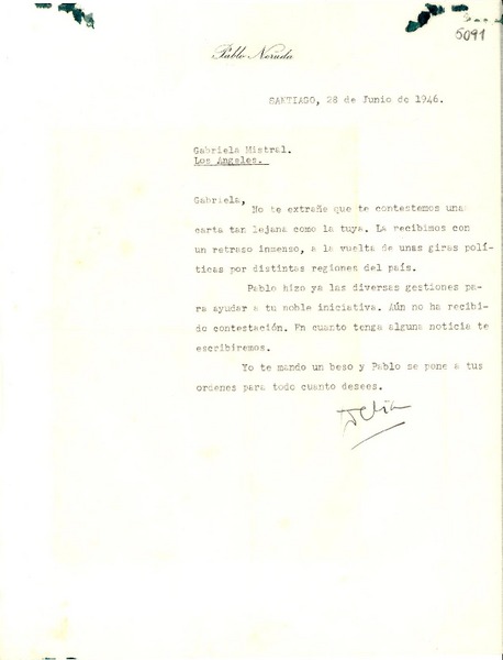[Carta] 1946 jun. 28, Santiago, [Chile] [a] Gabriela Mistral, Los Angeles, [EE.UU.]