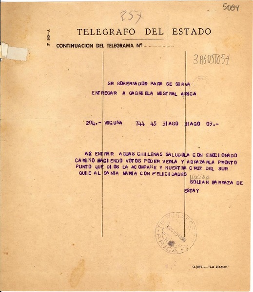 [Telegrama] 1954 ago. 3, Vicuña [a] Gabriela Mistral, Arica