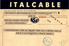 [Telegrama] 1952 sept. 26, Santiago, Chile [a] Gabriela Mistral, Nápoles, Italia