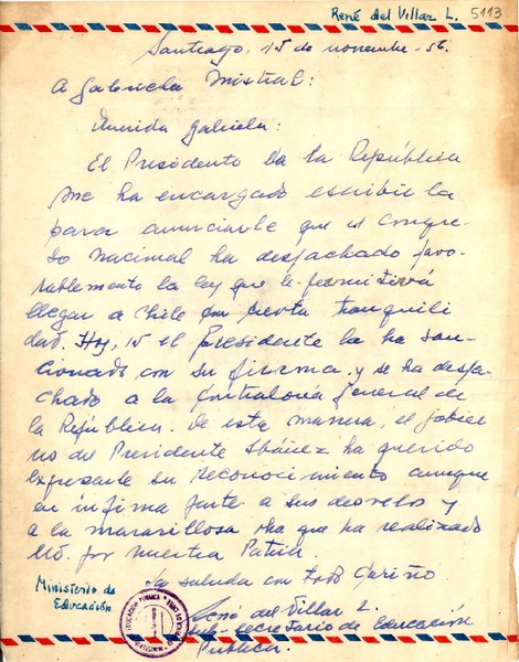 [Carta] 1956 nov. 15, Santiago [a] Gabriela Mistral