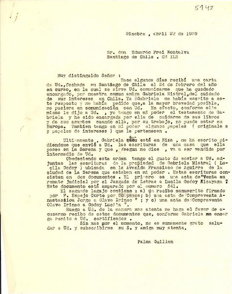 [Carta] 1939 abr. 22, Ginebra, [Suiza] [a] Eduardo Frei [Montalva], Santiago, Chile