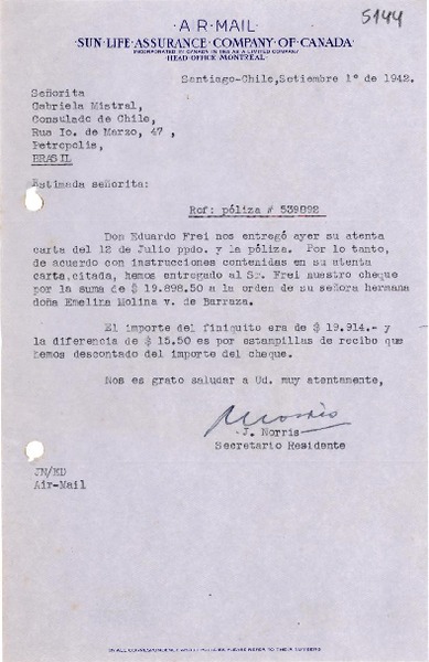 [Carta] 1942 sept. 1, Santiago, [Chile] [a] Gabriela Mistral, Petrópolis, Brasil