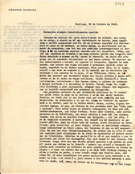 [Carta] 1943 oct. 26, Santiago [a] Gabriela Mistral