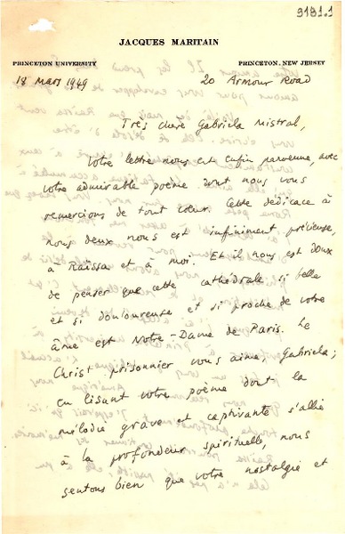 [Carta] 1949 mar. 18, Princeton, New Jersey [a] Gabriela Mistral