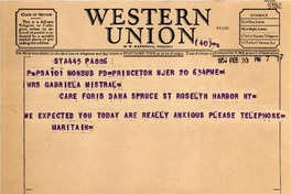 [Telegrama] 1954 feb. 20, Princeton, New Jersey [a] Gabriela Mistral, Roslyn Harbor, Nueva York