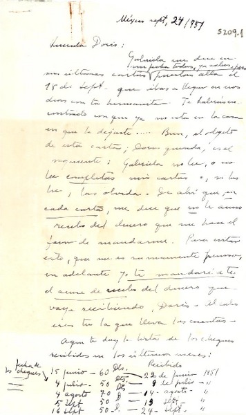[Carta] 1951 sept. 24, México [a] Doris [Dana]