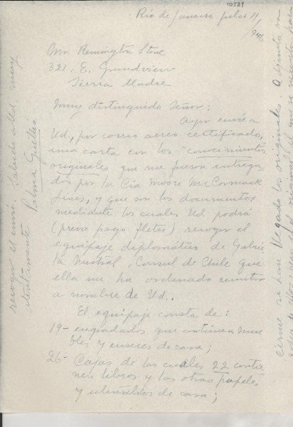 [Carta] 1946 jul. 11, Río de Janeiro [a] Remington Stone, Sierra Madre, [México]