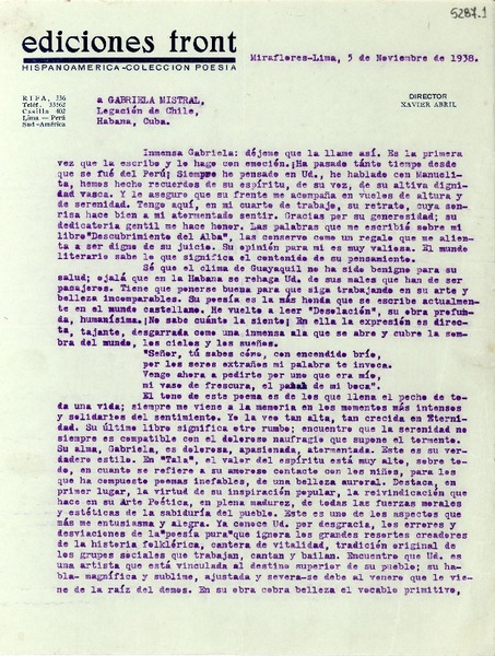 [Carta] 1938 nov. 5, Miraflores, Lima [a] Gabriela Mistral, Habana, Cuba