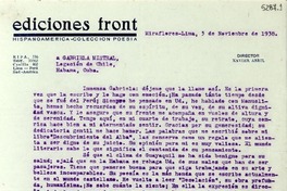 [Carta] 1938 nov. 5, Miraflores, Lima [a] Gabriela Mistral, Habana, Cuba