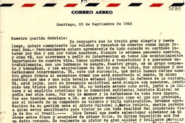 [Carta] 1943 sept. 23, Santiago [a] Gabriela Mistral