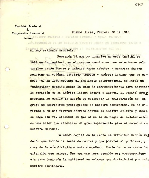 [Carta] 1942 feb. 20, Buenos Aires [a] Gabriela [Mistral]