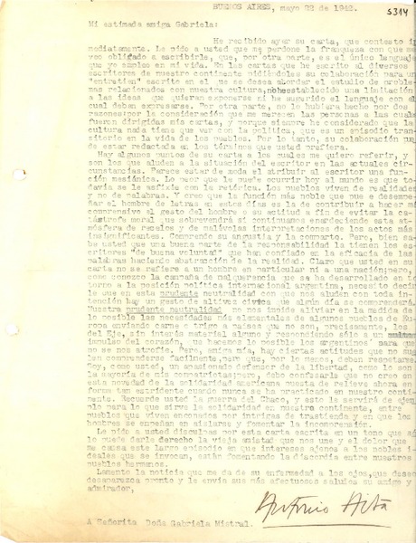 [Carta] 1942 mayo 22, Buenos Aires [a] Gabriela Mistral
