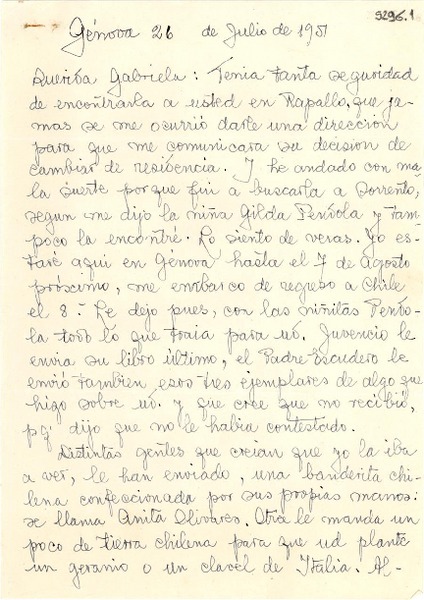 [Carta] 1951 jul. 26, Génova [a] Gabriela Mistral