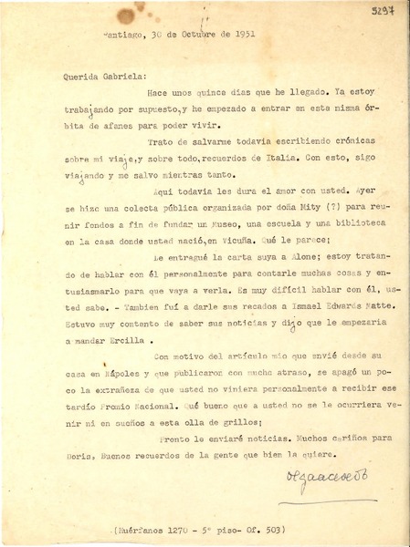 [Carta] 1951 oct. 30, Santiago [a] Gabriela Mistral