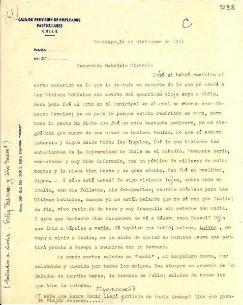 [Carta] 1951 dic. 16, Santiago, Chile [a] Gabriela Mistral