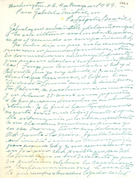 [Carta] 1944 mayo 4, Washington D.C., [EE.UU.] [a] Gabriela Mistral, Petrópolis, Brasil