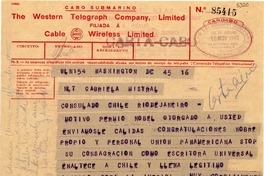 [Telegrama] 1945 nov. 16, Washington D.C., [EE.UU.] [a] Gabriela Mistral, Consulado de Chile, Rio de Janeiro, [Brasil]