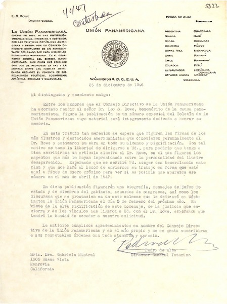 [Carta] 1946 dic. 26, Washington D.C. [a] Gabriela Mistral, Monrovia, California
