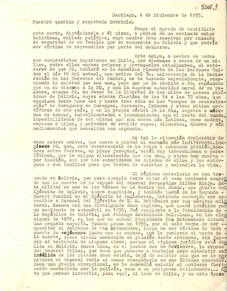 [Carta] 1955 dic. 4, Santiago [a] Gabriela Mistral