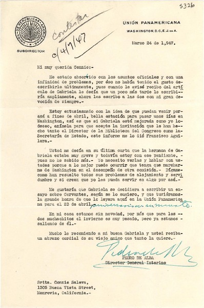 [Carta] 1947 mar. 24, Washington D.C., [EE.UU.] [a] Connie Saleva, Monrovia, California, [EE.UU.]