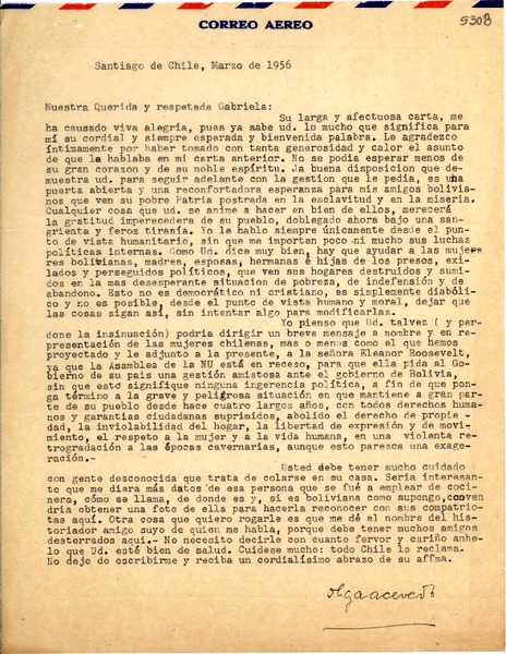 [Carta] 1956 mar., Santiago, Chile [a] Gabriela Mistral