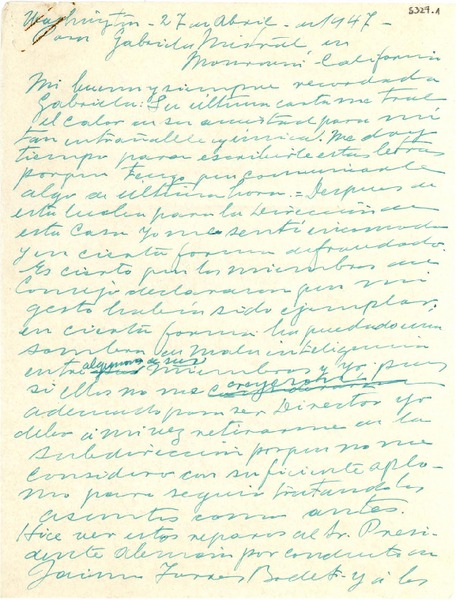 [Carta] 1947 abr. 27, Washington, [EE.UU.] [a] Gabriela Mistral, Monrovia, California, [EE.UU.]