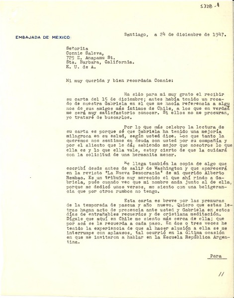 [Carta] 1947 dic. 24, Santiago, [Chile] [a] Connie Saleva, Santa Barbara, California, [EE.UU.]