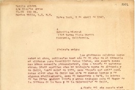 [Carta] 1947 abr. 8, Nueva York, [EE.UU.] [a] Gabriela Mistral, Monrovia, California, [EE.UU.]