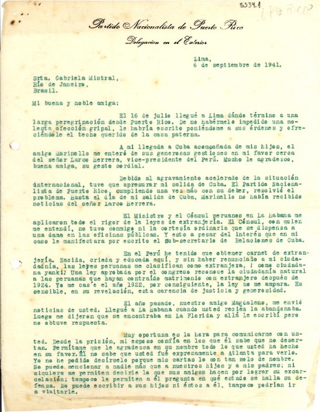 [Carta] 1941 sept. 6, Lima, Perú [a] Gabriela Mistral, Rio de Janeiro, Brasil
