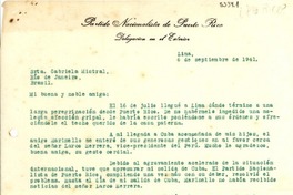 [Carta] 1941 sept. 6, Lima, Perú [a] Gabriela Mistral, Rio de Janeiro, Brasil