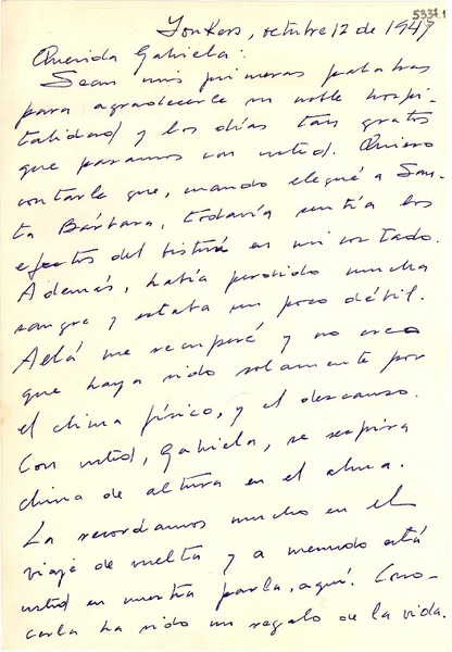 [Carta] 1947 oct. 12, Yonkers, [New York] [a] Gabriela Mistral