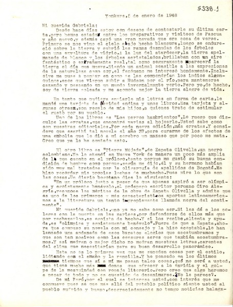 [Carta] 1948 ene. 5, Yonkers, [New York] [a] Gabriela Mistral