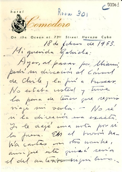 [Carta] 1953 feb. 18, Habana, Cuba [a] Gabriela Mistral