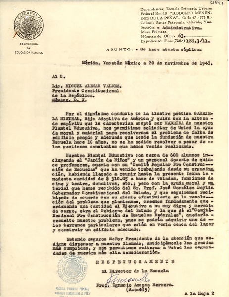 [Carta] 1948 nov. 20, Mérida, México [a] Miguel Alemán Valdez, México D.F.