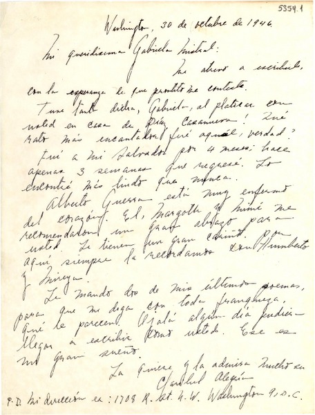 [Carta] 1946 oct. 30, Washington [a] Gabriela Mistral