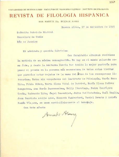 [Carta] 1945 nov. 17, Buenos Aires, [Argentina] [a] Gabriela Mistral, Río de Janeiro, [Brasil]