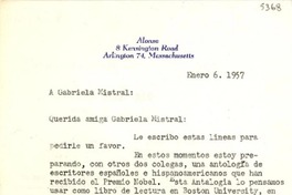 [Carta] 1957 mayo 6, Arlington, Massachusetts [a] Gabriela Mistral