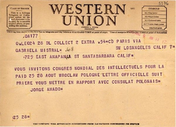 [Telegrama] 1948 ago. 9, Paris, [Francia] [a] Gabriela Mistral, Los Angeles, Calif., [EE.UU.]