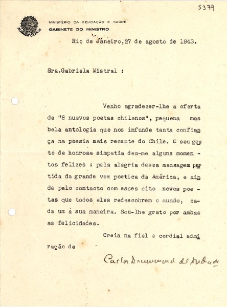 [Carta] 1942 sept. 8, Rio de Janeiro [a] Gabriela Mistral