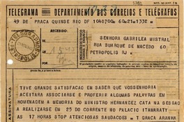 [Telegrama] 1940 nov. 21, Rio DF, [Brasil] [a] Gabriela Mistral, Petrópolis, RJ, [Brasil]