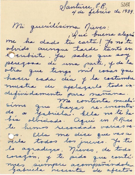 [Carta] 1934 feb. 4, Santurce, Puerto Rico [a] Nieves