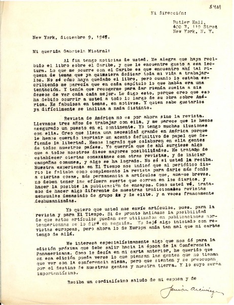 [Carta] 1947 dic. 9, New York [a] Gabriela Mistral