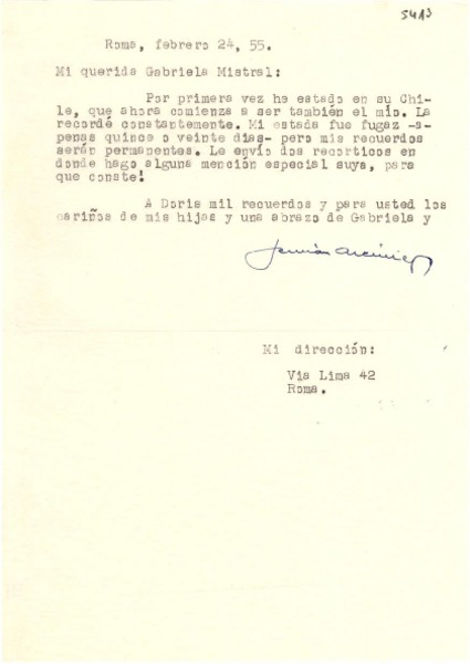 [Carta] 1955 feb. 24, Roma [a] Gabriela Mistral